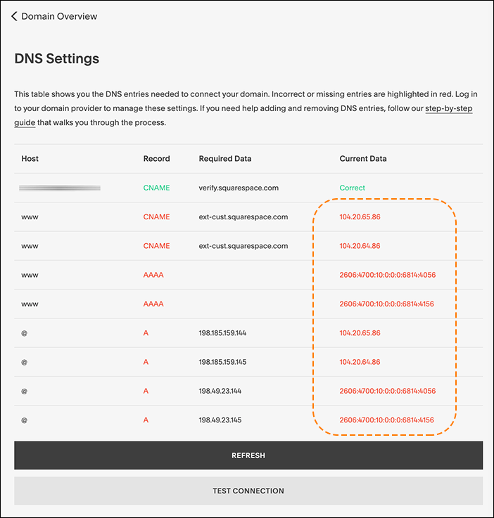 Screenshot of error warnings in squarespace